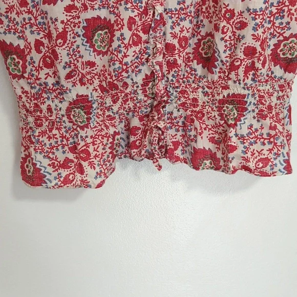LRL Ralph Lauren Jeans Co. Red White Floral Cotton Shirt Sleeve Ruffle Top M - Picture 3 of 6